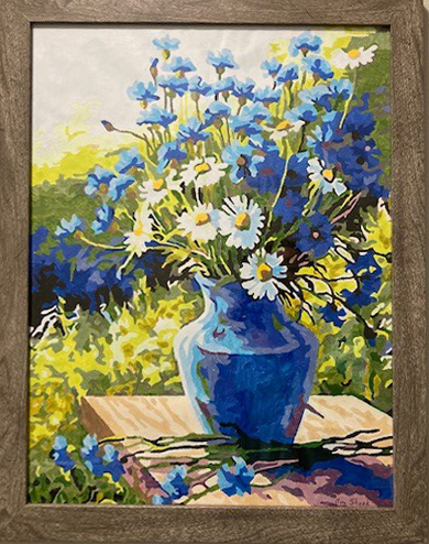 painting of flowers in blue vase by Jim