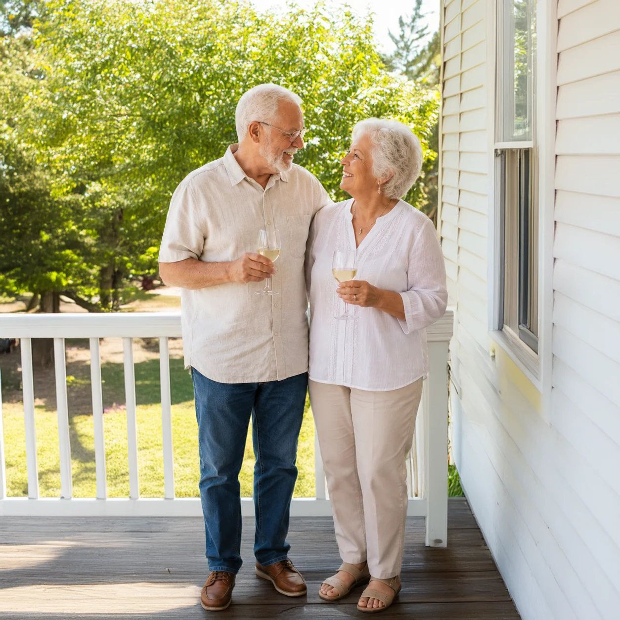 A senior couple enjoying drinks on a porch